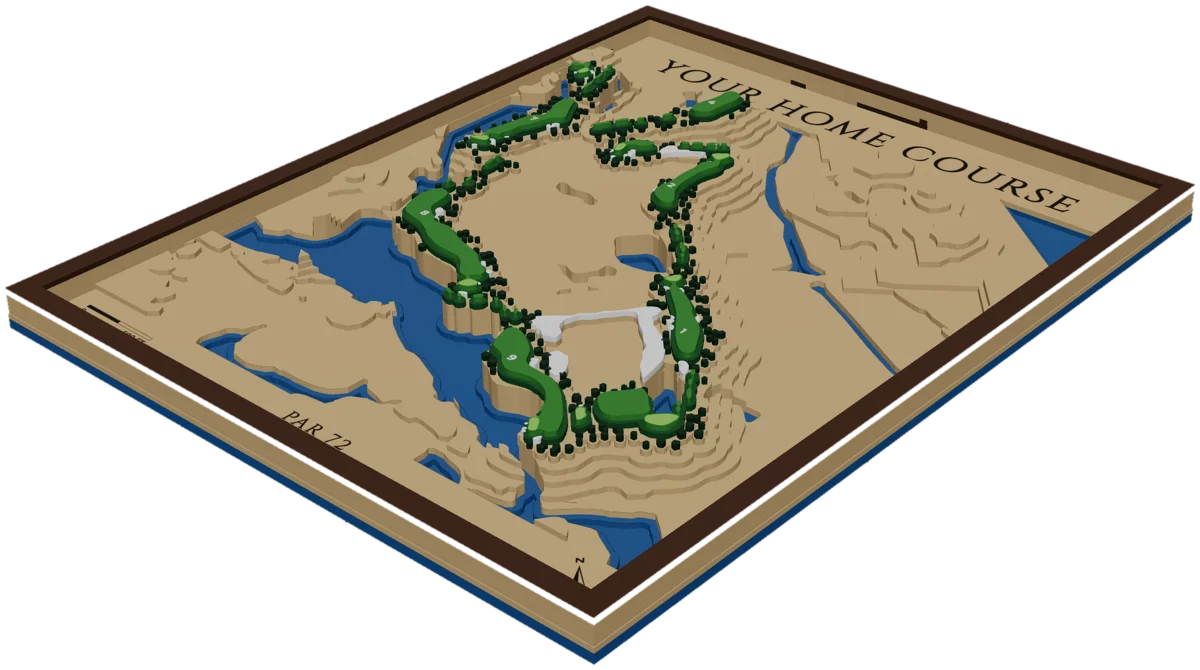 A raised golf course map: green fairways and trees on a stepped wooden board with blue water