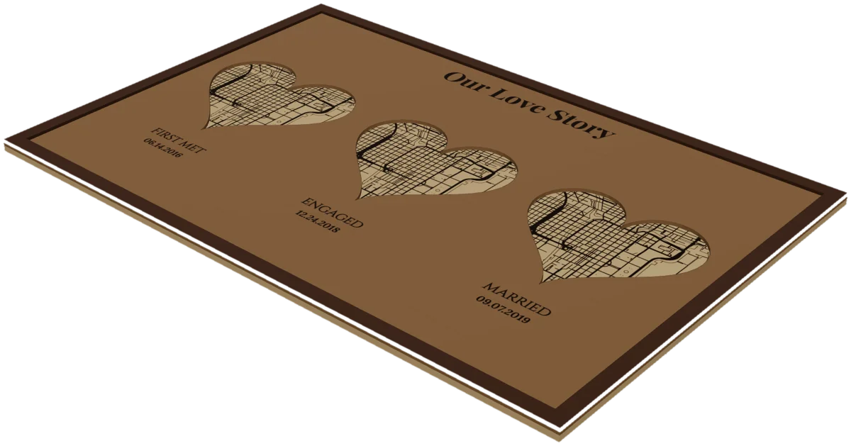 A love story board with three heart-shaped map windows