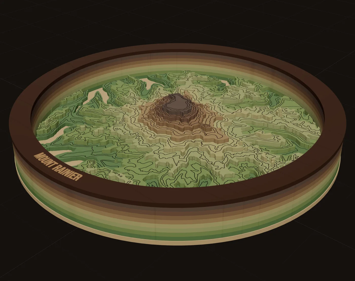 Mount Rainier, a layered laser-cut map