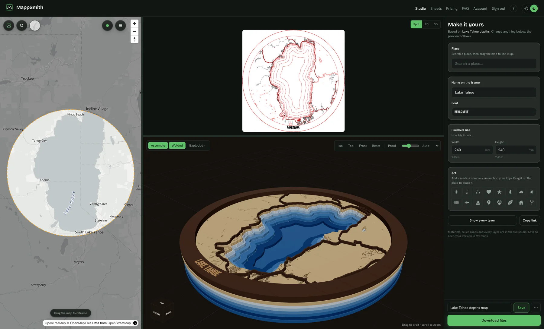 The MappSmith Studio with Lake Tahoe: the map, the cut file and a 3D preview