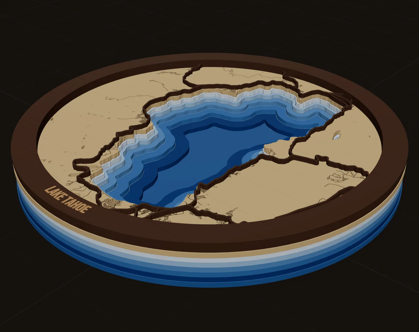 The finished Lake Tahoe piece in 3D, the lake cut down to its depths