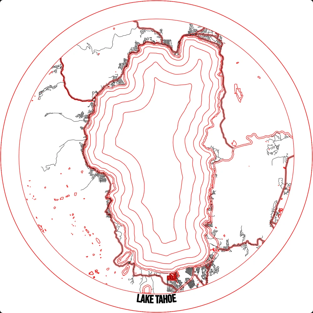 The Lake Tahoe cut file: shoreline and depth contours as separate cut and engrave lines