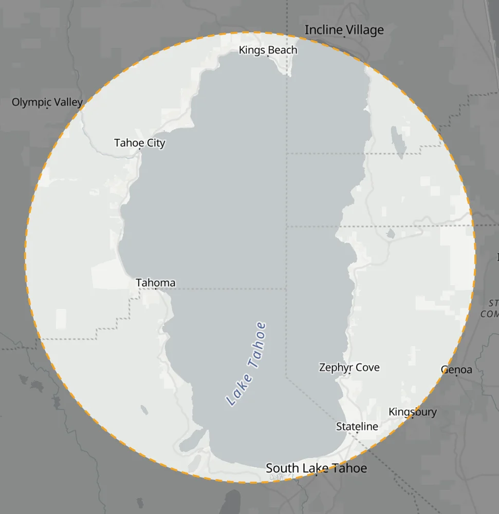 Lake Tahoe framed in a circle on the map